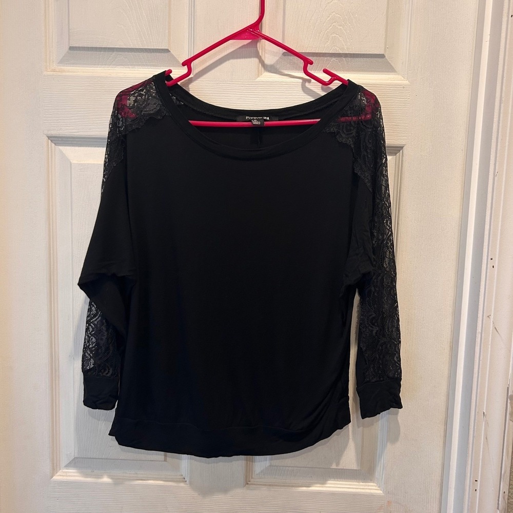 Forever 21 Womens Large Black Sheer Lace Top Batwing 3/4 Sleeve Scoop Neck Boho